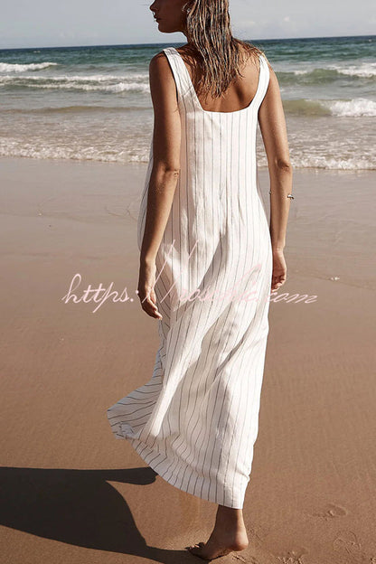 Simple and Linen Blend Pinstripe Detail Square Neck A-line Maxi Dress