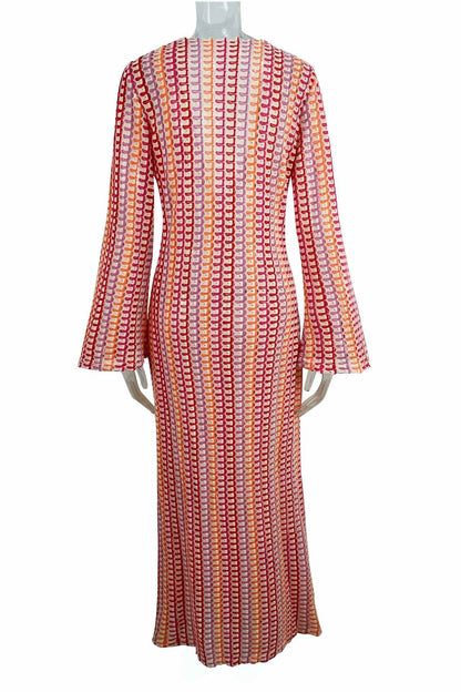 V Neck Bell Sleeve Wavy Striped Crochet Beach Vacation Maxi Dress