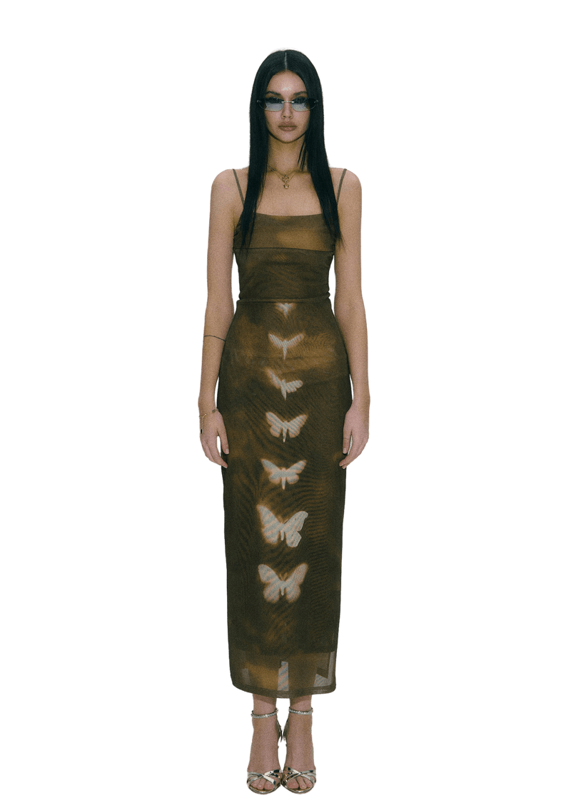 Double-layer Mesh Butterfly Printed Slip Dress