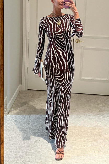 Boat Neck Bell Sleeves Animal Print Maxi Dress