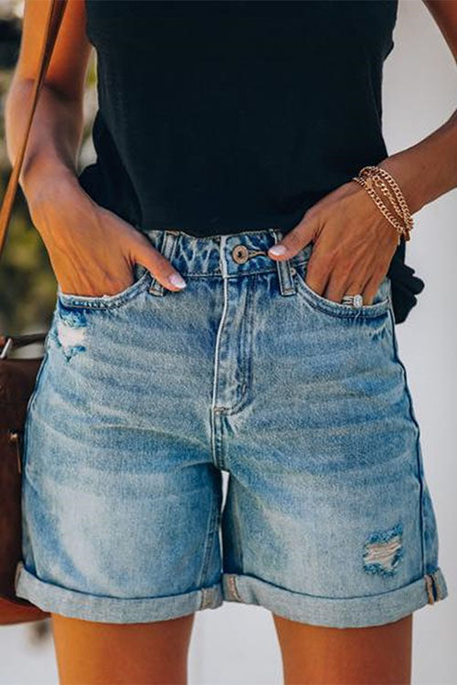 Rolled Hem Ripped Denim Shorts