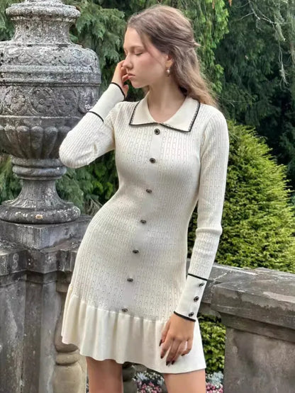 Autumn Long Sleeve Knit Dress for Lapel Single-btrasted Button High Waist Ruffled Mini Dress Knitwear