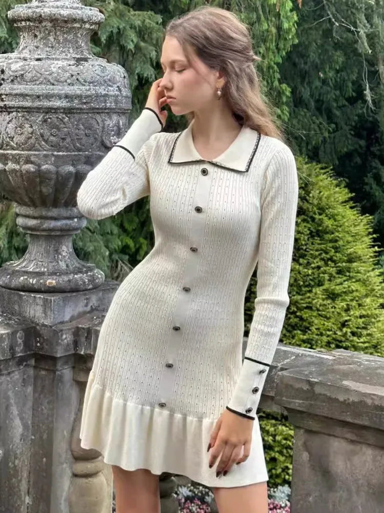 Autumn Long Sleeve Knit Dress for Lapel Single-btrasted Button High Waist Ruffled Mini Dress Knitwear