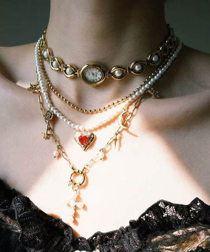 Stylish Gold Clock Love Pearl Layering Titanium Steel Two Piece Set Pendant Necklace