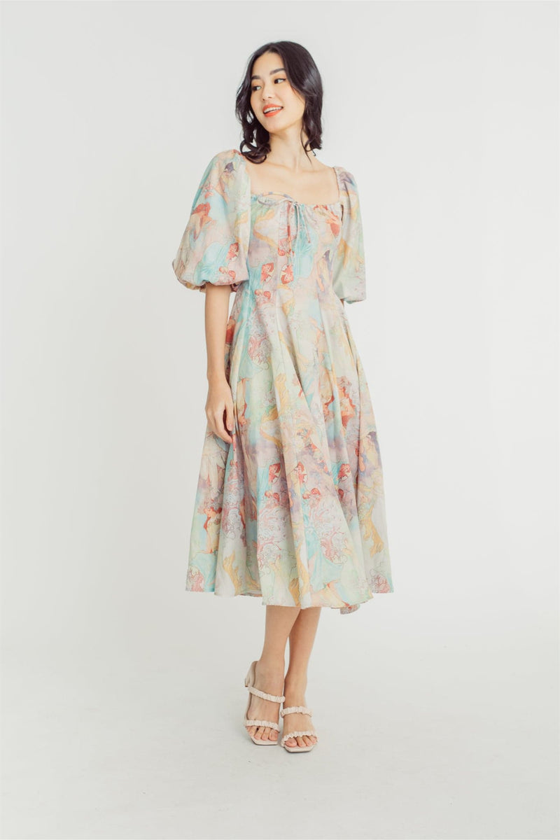Joyce Printed Lantern Sleeves Midi Dress