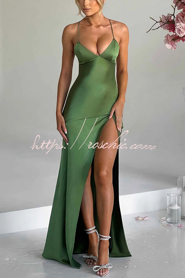 Satin Color Backless Lace Up High Slit Maxi Dress