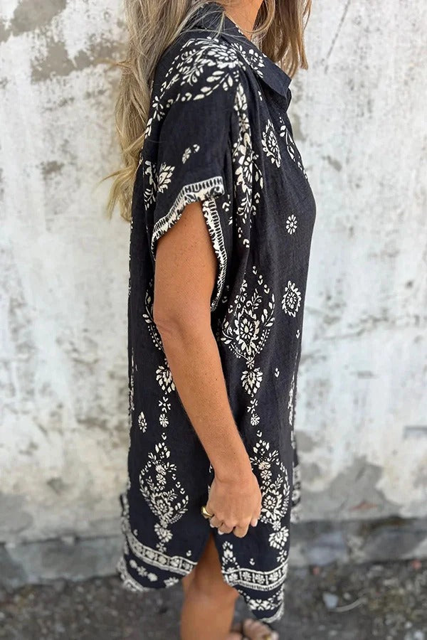Linen Blend Unique Print Lapel Pocket Mini Dress