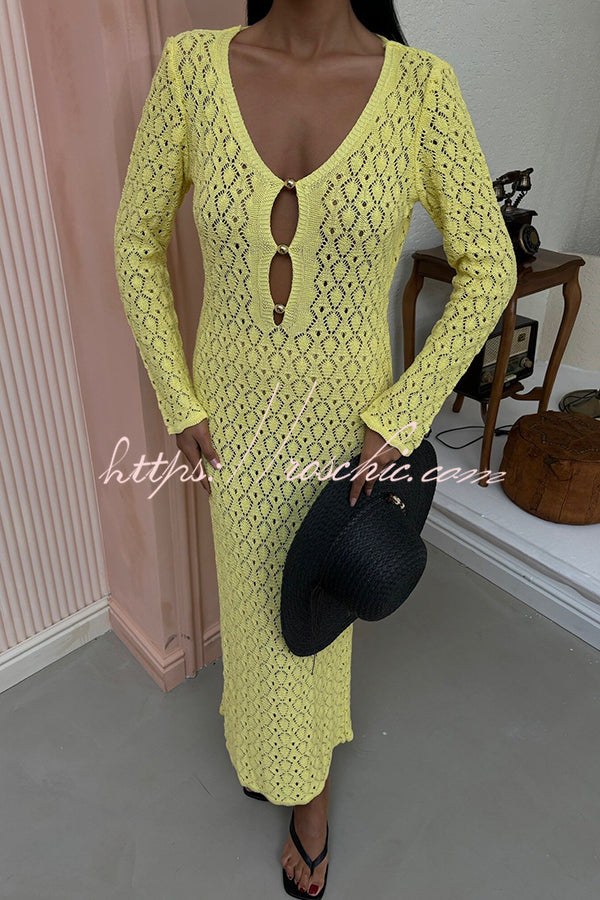V-neck Long-sleeved Hollow Slim Maxi Dress