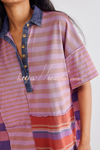 Contrast Striped Patchwork Denim Lapel Loose Mini Dress