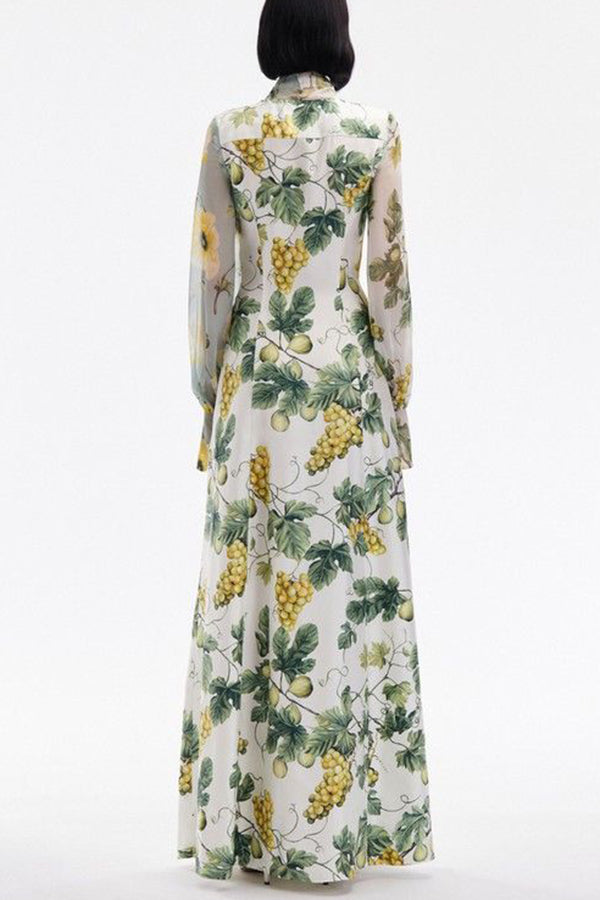 Print Tie Neck Balloon Sleeves Maxi Dress