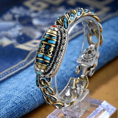 Buddha Stones Tibetan Nine-eye Dzi Bead Om Mani Padme Hum Turquoise Protection Rotatable Bracelet