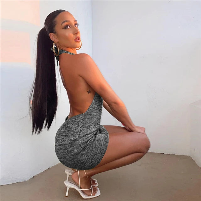 Halter Backless Dress Summer New Party Mini Dress Knitted Sleeveless Dress Holiday Beach Clubwear