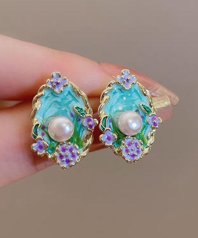 Art Blue Copper Pearl Dripping Glaze Stud Earrings
