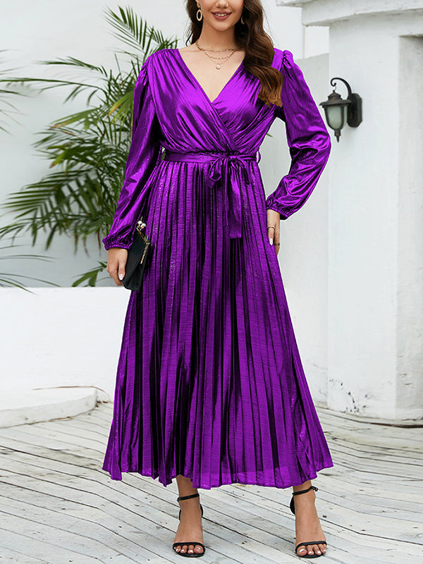 High Waisted Long Sleeves Bronzing Elasticity Pleated Color Tied Waist Deep V-neck Maxi Dresses