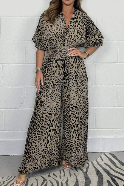 Leopard Print V-neck Short-sleeved Waist Wide-leg Jumpsuit