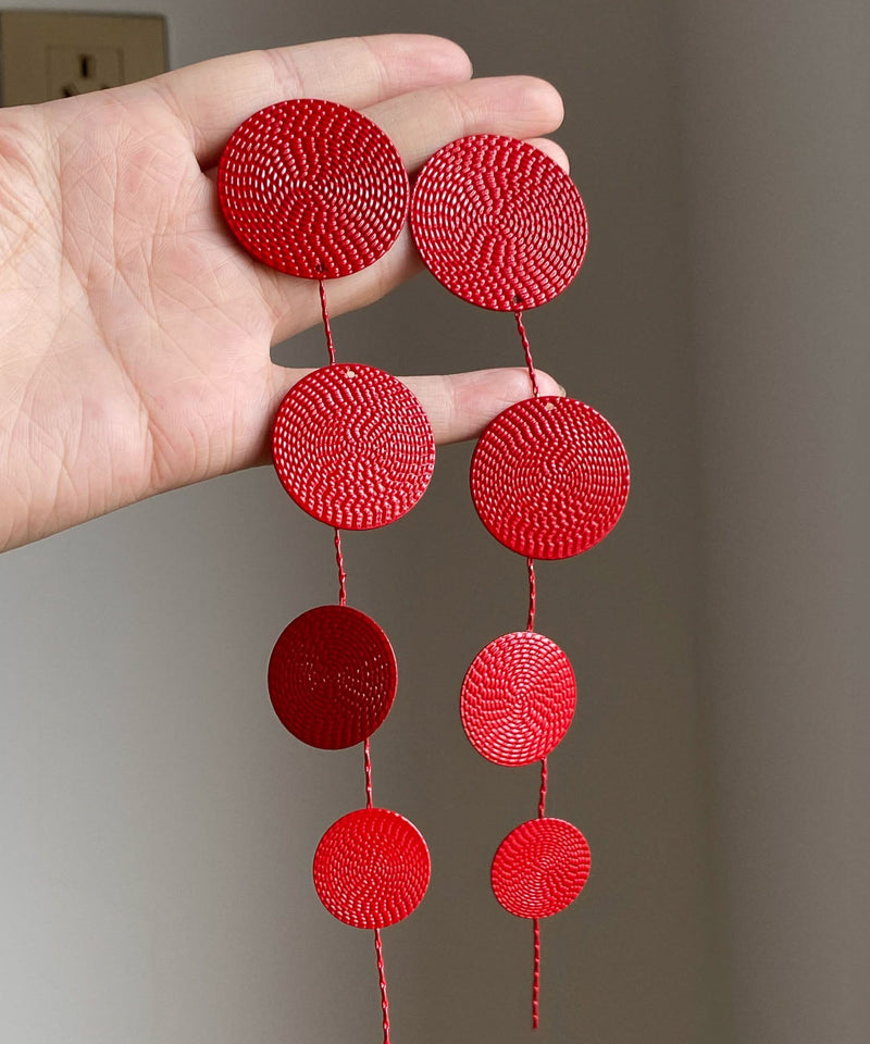 Chinese Style Red Metal Sequins Tassel Drop Earrings