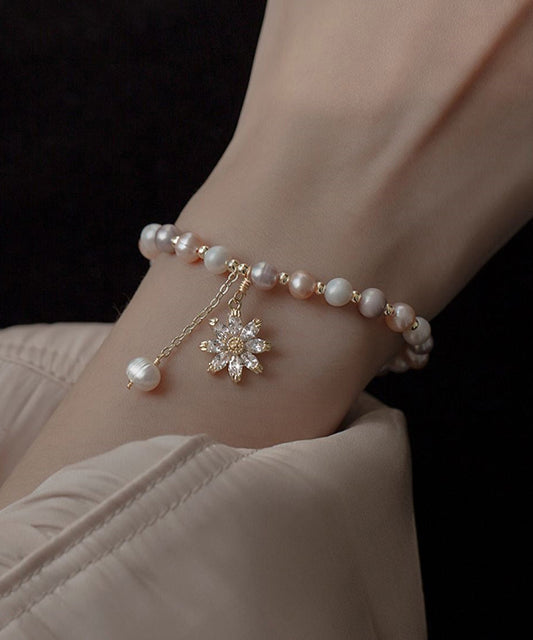 Multicolour Sterling Silver Overgild Zircon Pearl Sunflower Tassel Charm Bracelet