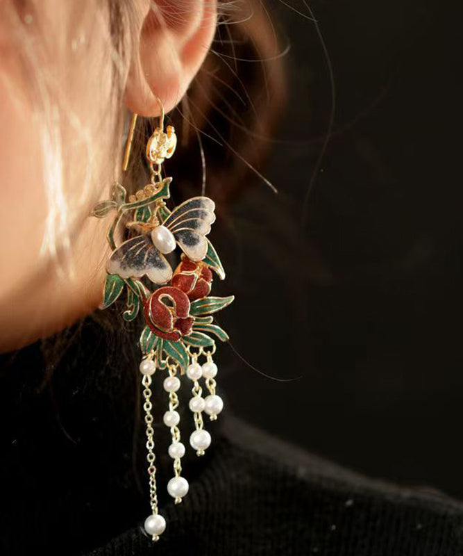 Gold Sterling Silver Overgild Pearl Butterfly Tassel Drop Earrings