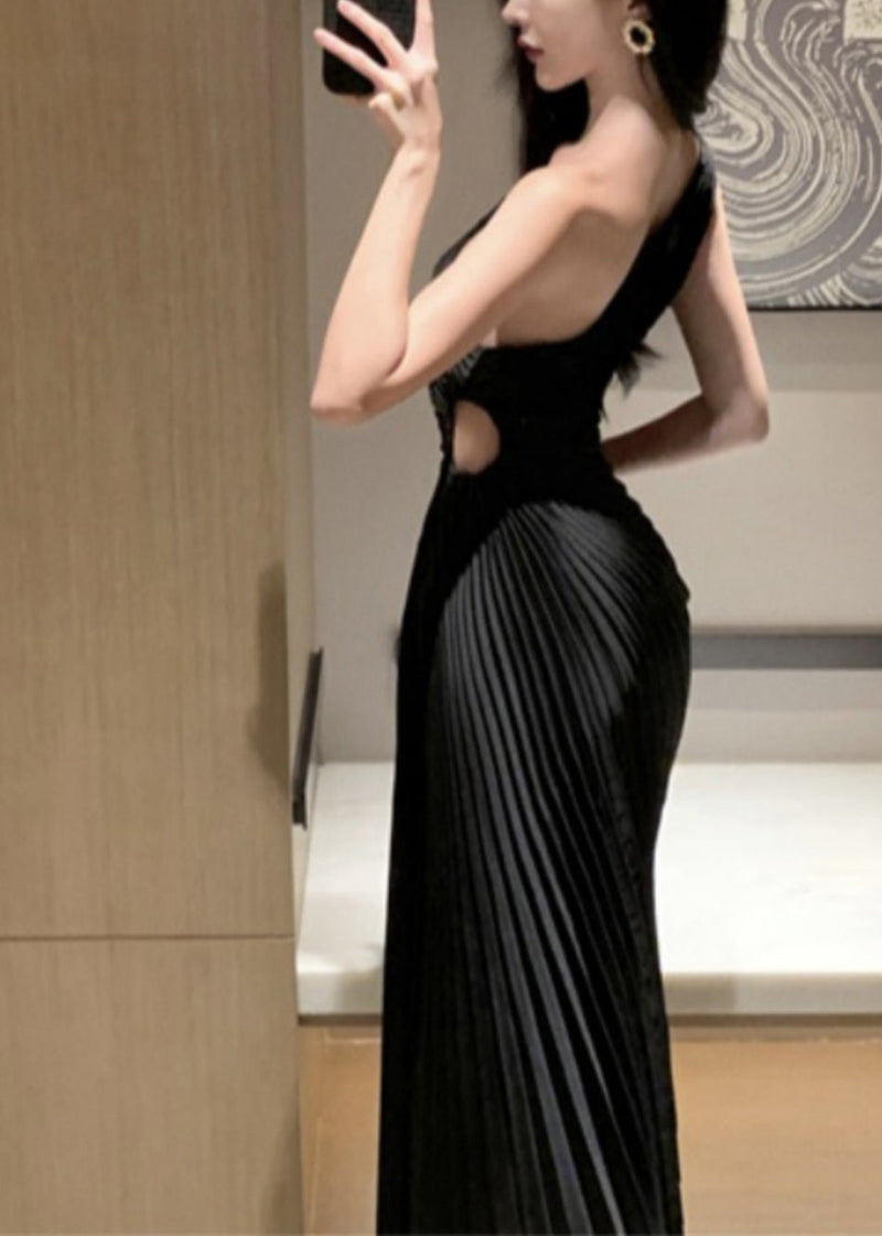French Black Cold Shoulder Hollow Out Maxi Dress Summer Ee041