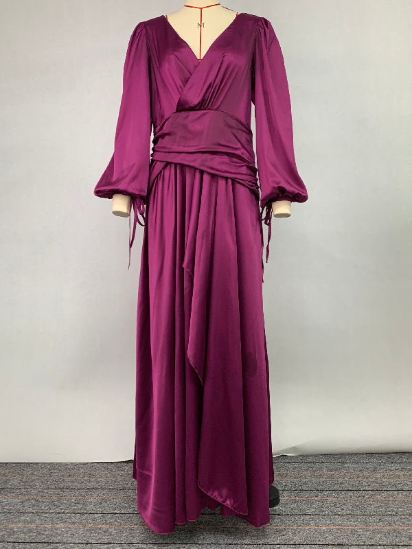 Look-thin Pleated Color V-cut Long Sleeves Maxi Dresses