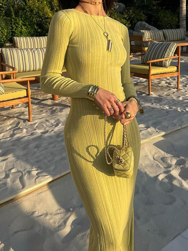 Bodycon Long Sleeves Pleated Color Split-joint Round-neck Evening Dresses Maxi Dresses