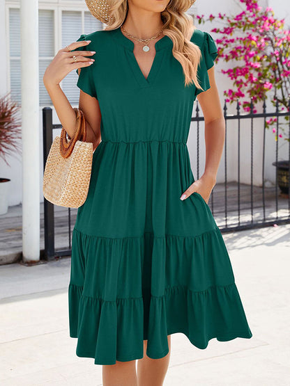 Loose Ruffle Sleeves Pleated Pockets Color Split-joint V-neck Midi Dresses