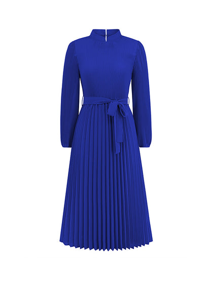 Bishop Sleeve High Waisted Hollow Pleated Color Tied Waist Mock Neck Midi Dresses
