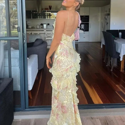 V-neck Backless Sleeveless Long Dresses Fashionable High Waist Slim Party Dress Print ’s Evening Dress
