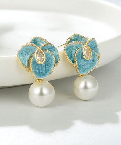 Blue Copper Alloy Pearl Enamel Drop Earrings