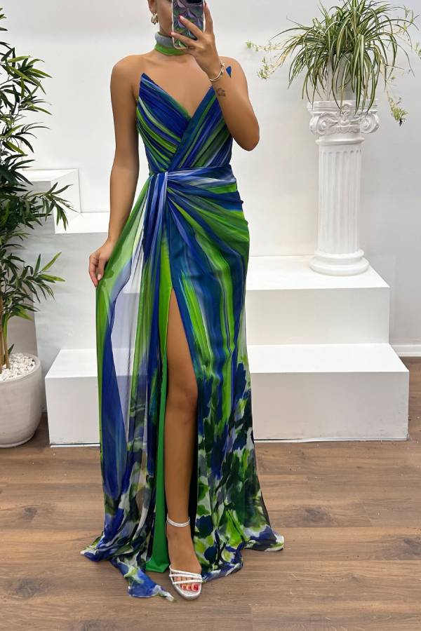 In a Dreamland Chiffon Print Off Shoulder Pleated Scarf Slit Maxi Dress