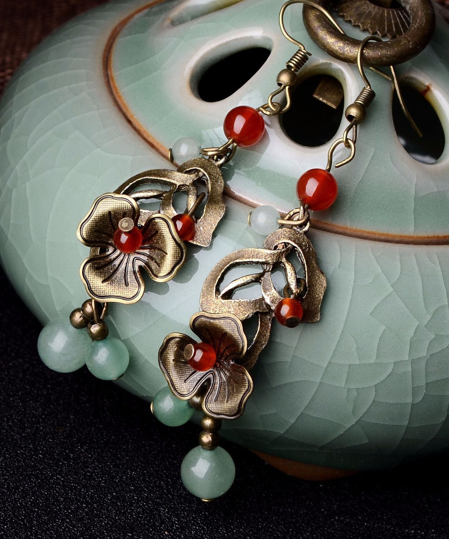 Copper Color Flower Fine Agate Metal Copper Drop Earrings