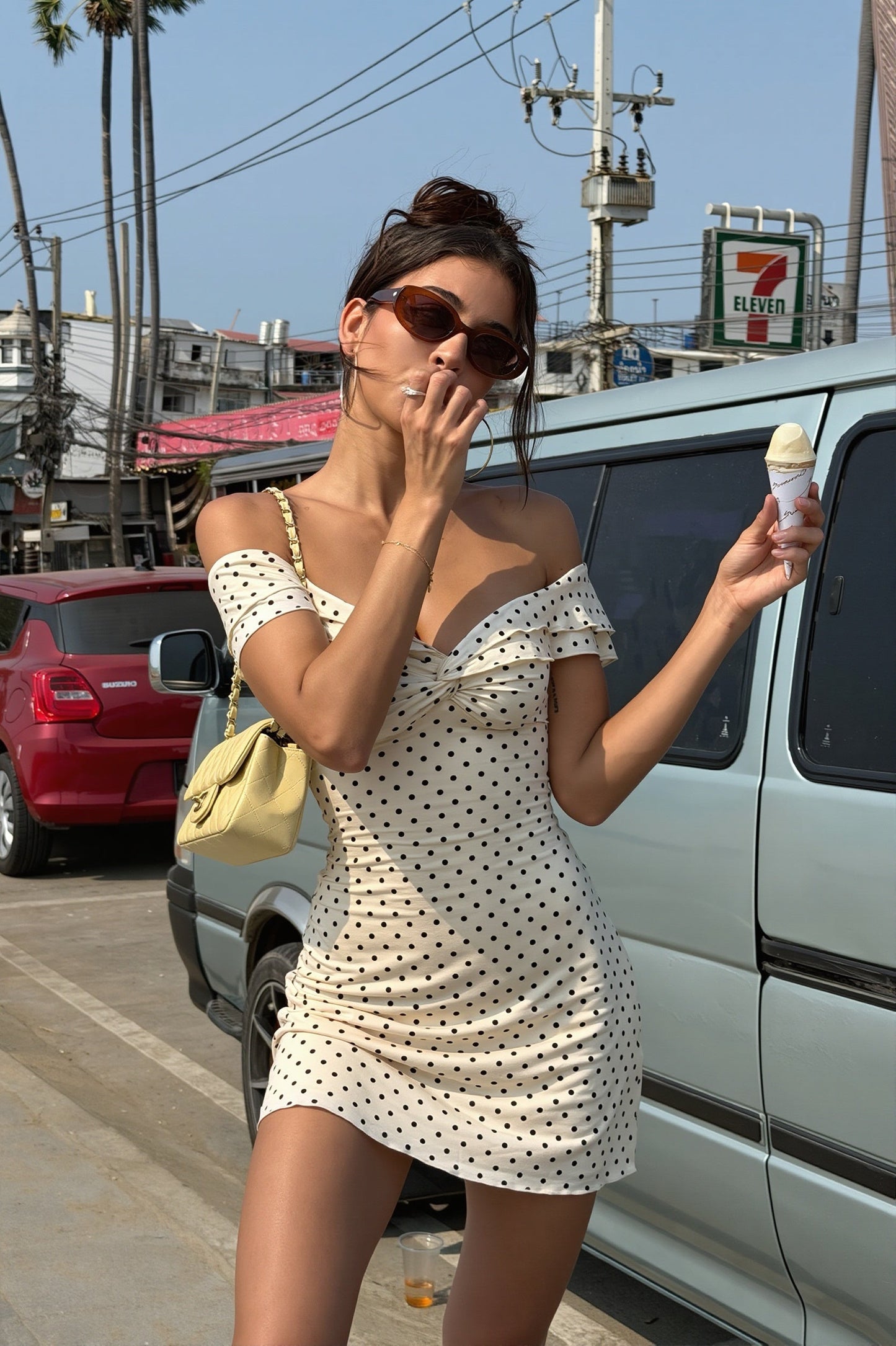 Polka Dot Bandeau Slim Pencil Mini Dress
