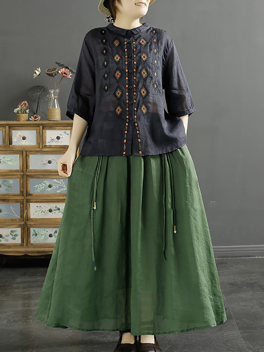 Rhomboids Embroidery Ramie Button Up Blouse Kl1031