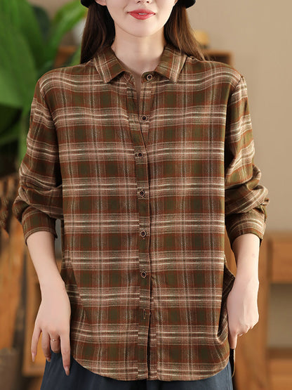 Autumn Plaid Button-up Cotton Blouse Ai1031