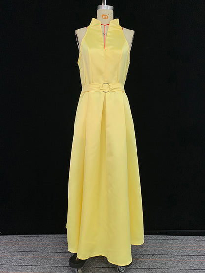 A-line Loose Belted Pleated Pockets Color V-neck Midi Dresses