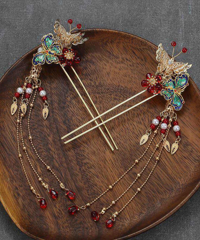 Chinese Style Copper Alloy Colored Glaze Butterfly Tassel a Pair Hairpin