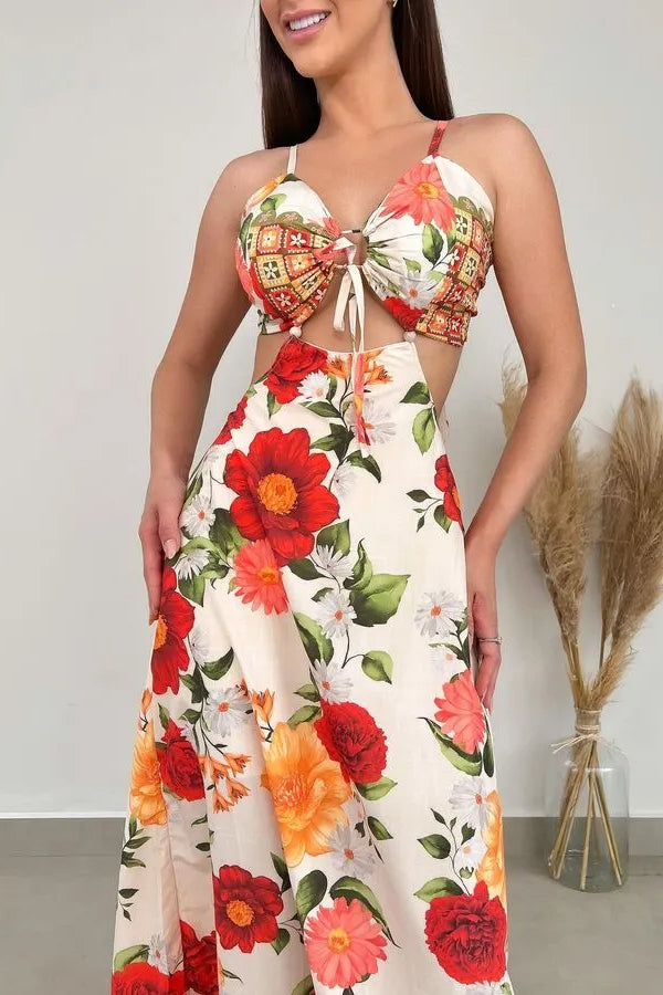 Monet Blooming Rose Tie Back Cut-out Maxi Dress
