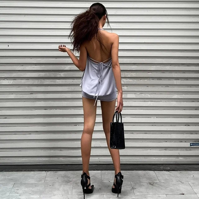 Deep V Neck Dress for Off Shoulder Bandage Sleeveless Mini Dresses Beach Holiday Backless Dress Woman
