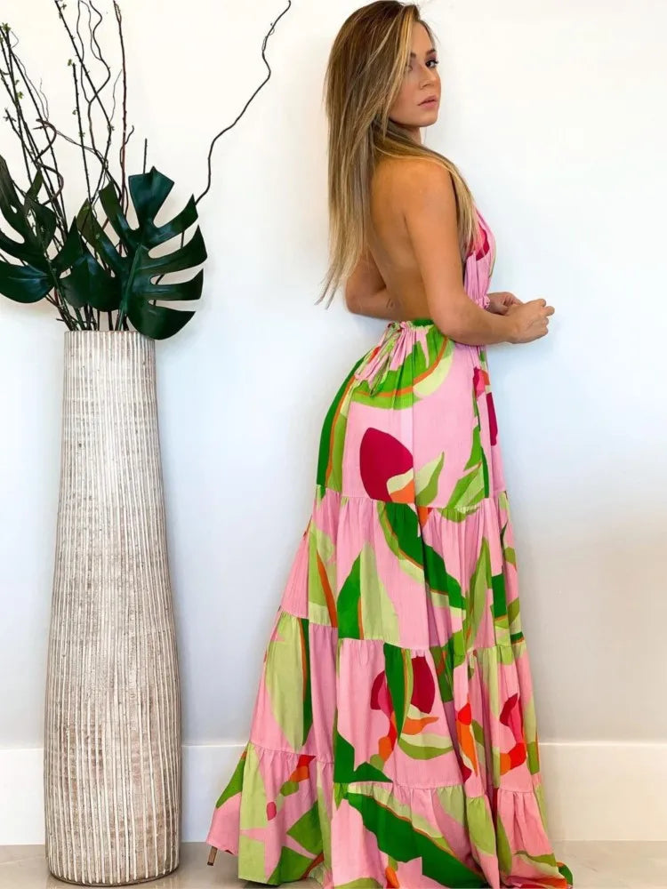 Style Print Halter Neck Dresses V-neck Backless Vacation Beach Long Dress Commuting Clothing Vestidos