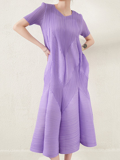 Short Sleeves Pleated Color Round-neck Midi Dresses