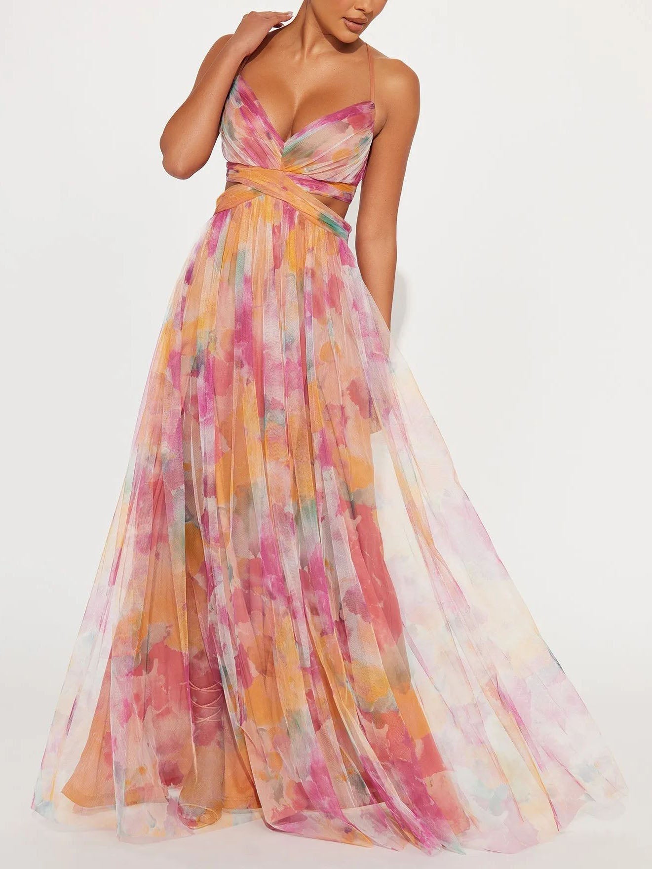Painted Print V-neck A-line Maxi Dress
