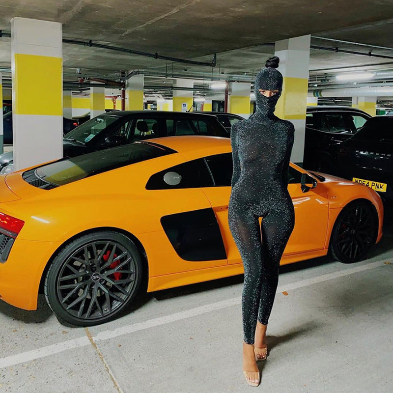 Spring Long Sleeve High Neck Backless Hip Raise Skinny Sports Jumpsuit