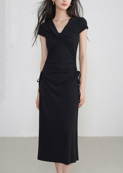 Classy Black V Neck Cinched Maxi Dresses Short Sleeve Ee033