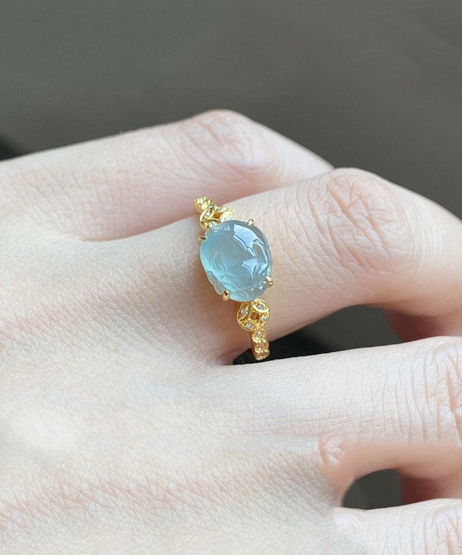 Chinese Style Blue Sterling Silver Overgild Zircon Crystal a Mythical Wild Animal Rings