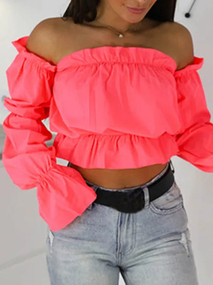 Candy Color Off Shoulder Crop Tops Summer Dot Print Lantern Sleeve Shirts Lady Slash Neck Beach Blouse