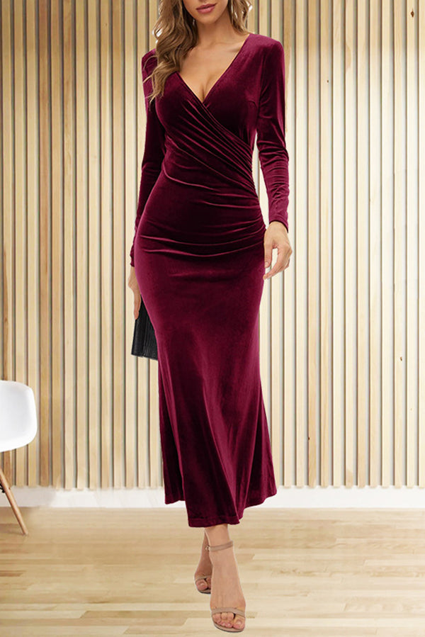 Color Velvet Long Sleeve V-neck Slim Fit Fishtail Maxi Dress