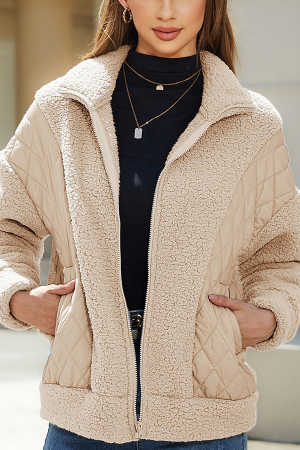 Long Sleeve Cardigan Zipper Plush Patchwork Jacket