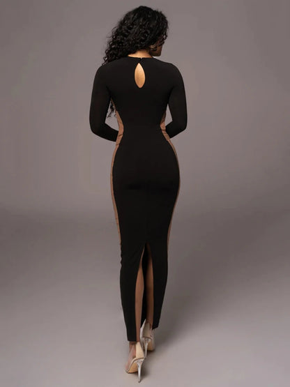 Autumn/winter Long Sleeve Hollow Out Split Dress for Bodycon Elastic Tight Maxi Dress Female Party Club Vestidos