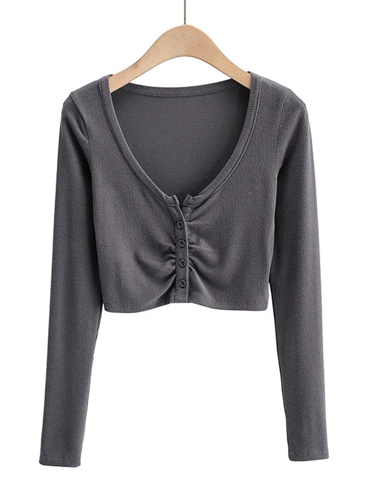 Slim V-neck Long Sleeve Bottomed Tops and Blouses High Street Color Open Navel Cardigan