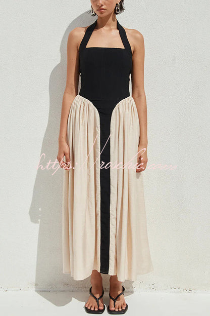 Contrast Color Stitching Sleeveless Backless Slim Maxi Dress